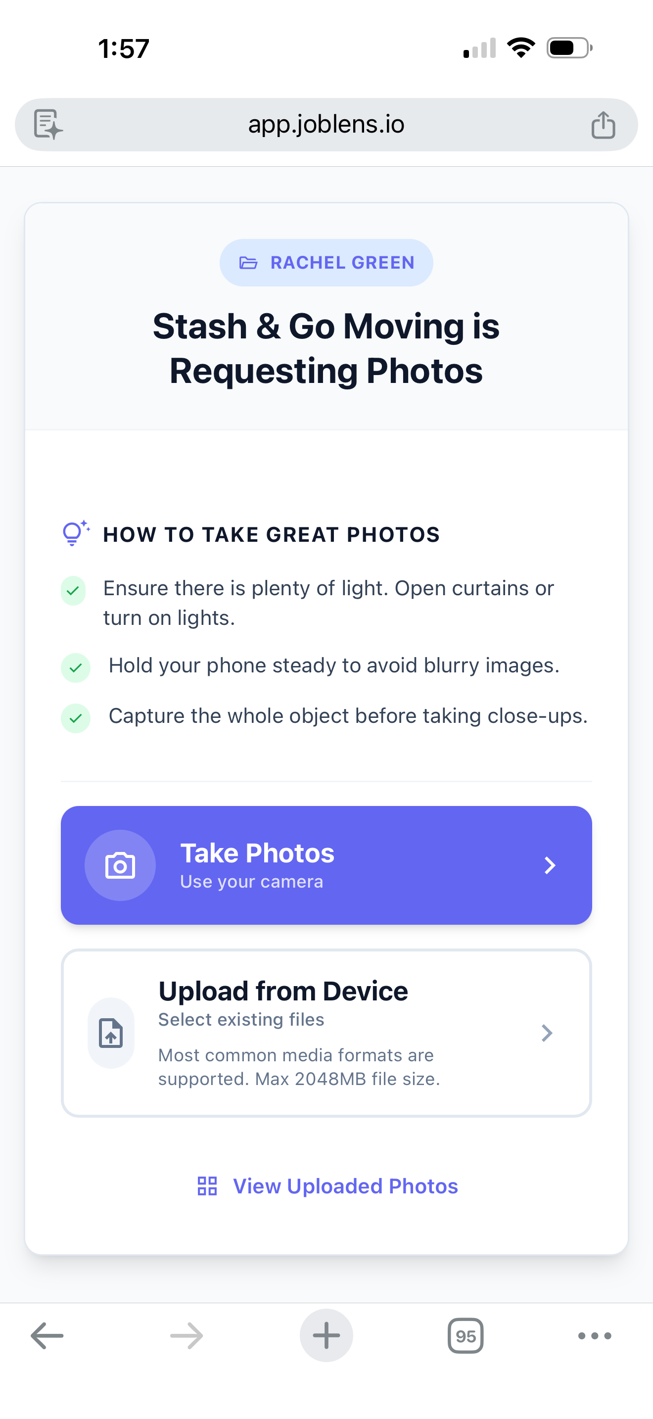 Customer upload landing page on mobile